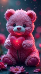 Fototapeta premium Cute teddy bear holding flowers under pink neon light