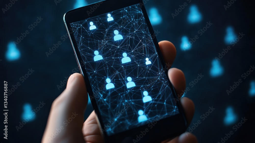 Poster global network connection: smartphone displaying interconnected user profiles