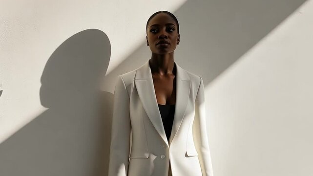 A woman in a white jacket stands in front of a plant