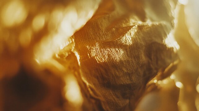 Abstract close-up of textured golden material with light reflections.