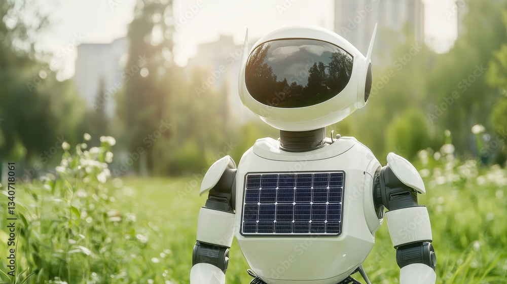 Poster a solar-powered robot stands in a sunlit field, surrounded by greenery and city buildings in the bac