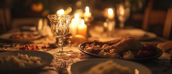 A dinner table set with plates of food and candles, suitable for use in scenes related to dining, parties, or special occasions