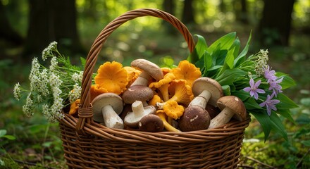 Mushrooms and Wildflowers in Wicker Basket in Forest Setting