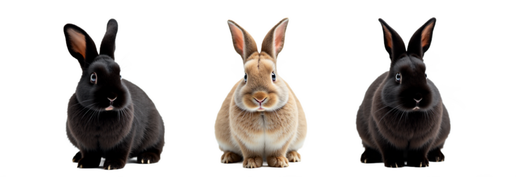 Three adorable rabbits isolated on transparent background. Black and brown bunnies in studio setting. Perfect for Easter, spring designs, pet products, and cute animal themes.