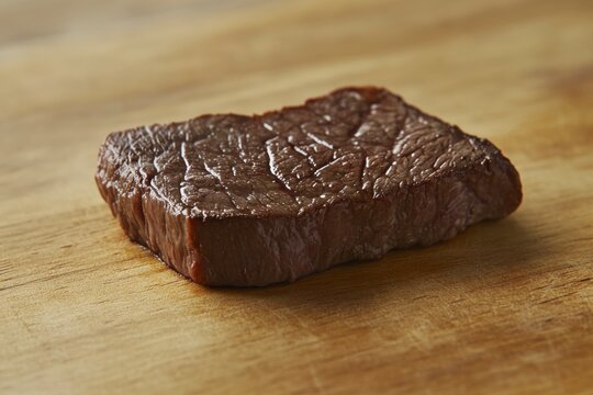 Grilled beef steak medium rare with grill marks on wooden cutting board