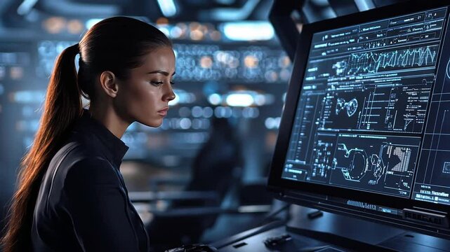 She is looking at the screen, which is filled with various lines and numbers