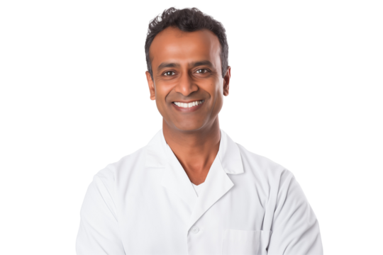  Smiling Indian dentist on transparent background providing professional dental care and promoting oral health with a friendly and confident approach to patient treatment and dental. Png cut out.