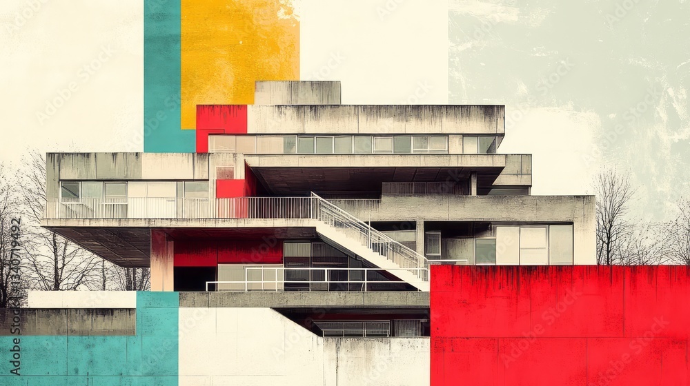 Aufkleber brutalist building with geometric color blocking in artistic composition