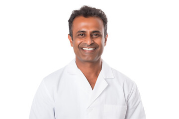  Smiling Indian dentist on transparent background providing professional dental care and promoting oral health with a friendly and confident approach to patient treatment and dental. Png cut out.