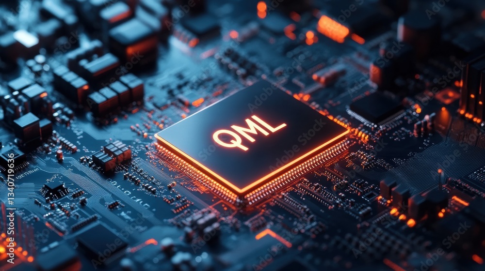 Poster quantum computer technology with qml highlighted on circuit board