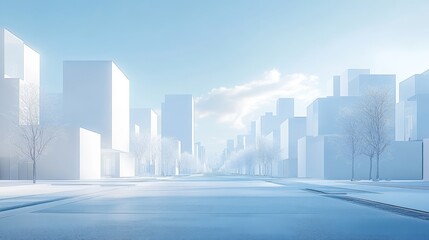 Fototapeta premium Minimalist city street scene with simple white buildings and trees