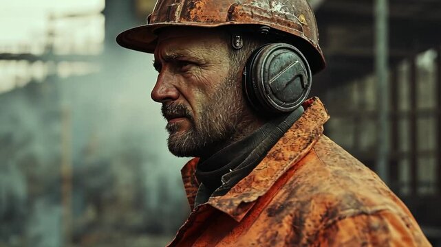 A man in an orange shirt and a hard hat is standing in front of a smokestack