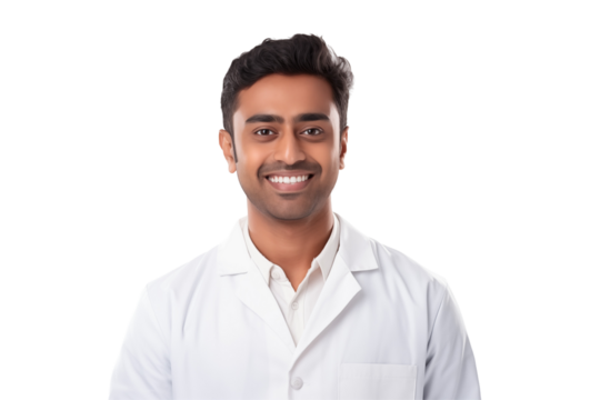  Smiling Indian dentist on transparent background providing professional dental care and promoting oral health with a friendly and confident approach to patient treatment and dental. Png cut out.