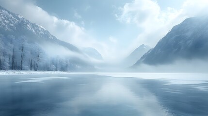 Fototapeta premium Frozen Lake Covered with Snow and Distant Mountains Under Cloudy Sky – Generative AI