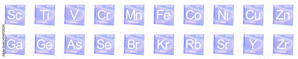 Poster set of 3d chemical elements from 21 to 40 shapes with aberration effect isolated on a transparent ba