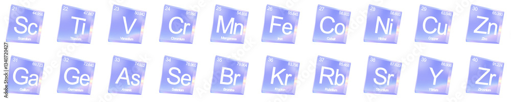 Poster set of 3d chemical elements from 21 to 40 shapes with aberration effect isolated on a transparent ba