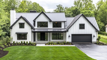Obraz premium Modern Farmhouse Exterior: Chic Black and White Design
