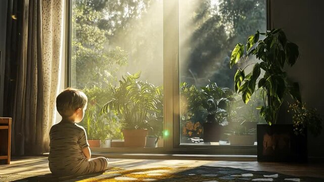 A young boy sits on the floor in front of a window, looking out at the trees