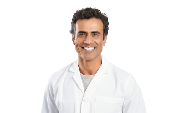  Smiling Indian dentist on transparent background providing professional dental care and promoting oral health with a friendly and confident approach to patient treatment and dental. Png cut out.