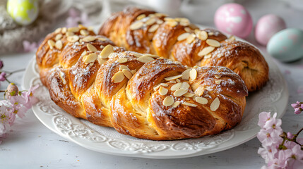 A warm Easter braided bread topped with almond slices and a shiny sugar glaze, displayed on a white ceramic plate with delicate pastel flowers and a few chocolate Easter eggs.