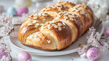 A warm Easter braided bread topped with almond slices and a shiny sugar glaze, displayed on a white ceramic plate with delicate pastel flowers and a few chocolate Easter eggs.