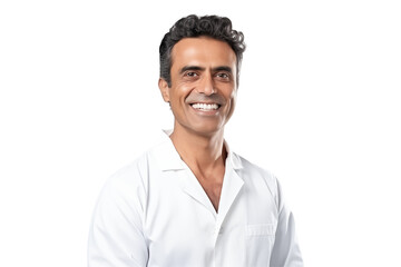  Smiling Indian dentist on transparent background providing professional dental care and promoting oral health with a friendly and confident approach to patient treatment and dental. Png cut out.