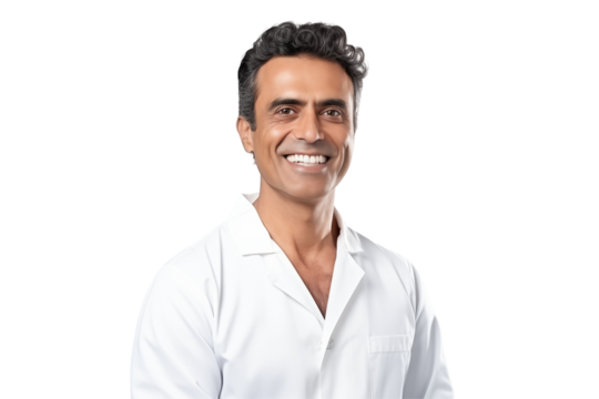  Smiling Indian dentist on transparent background providing professional dental care and promoting oral health with a friendly and confident approach to patient treatment and dental. Png cut out.