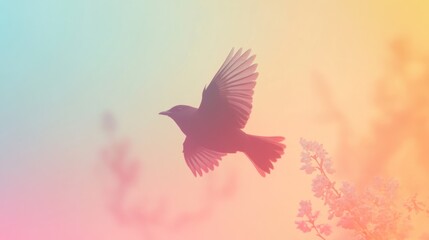 Fototapeta premium Bird in flight, pastel sky, flower field, freedom