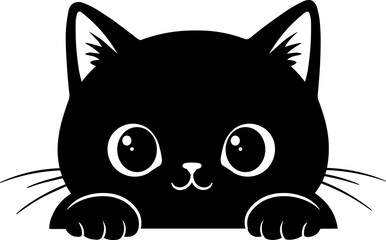 Silhouette style illustration of a little black cat looking over a fence