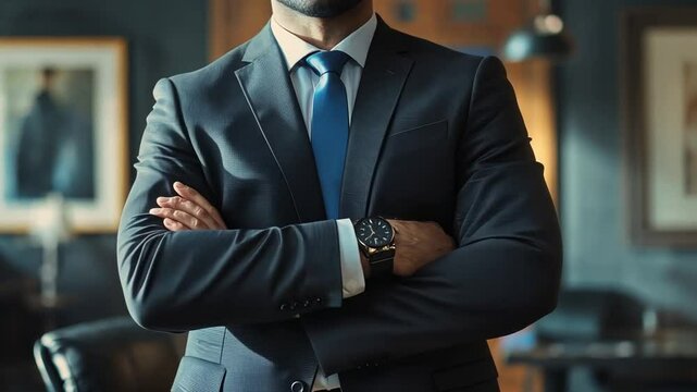 A man in a suit and tie stands with his arms crossed in front of a picture