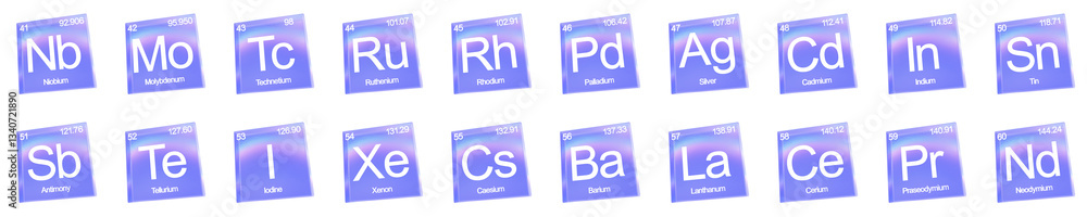 Poster set of 3d chemical elements from 41 to 60 shapes with aberration effect isolated on a transparent ba