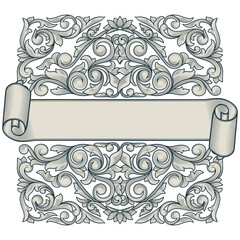 Decorative monochrome ornate retro floral blank emblem with scroll ribbon