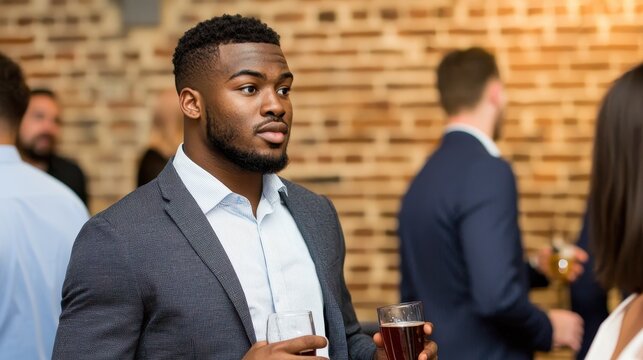A stylish man holding a drink stands in a social setting with a brick wall backdrop, exuding confidence and sophistication.