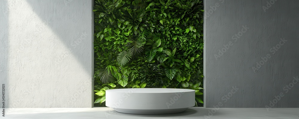 Poster a modern space featuring a circular white platform against a lush green wall, emphasizing a blend of