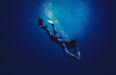 Diver Descending into Deep Blue Ocean Waters