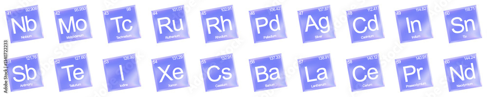 Poster set of 3d chemical elements from 41 to 60 shapes with aberration effect isolated on a transparent ba
