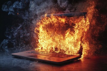 Fototapeta premium A laptop with flames and smoke shooting out. 