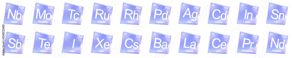 Poster set of 3d chemical elements from 41 to 60 shapes with aberration effect isolated on a transparent ba