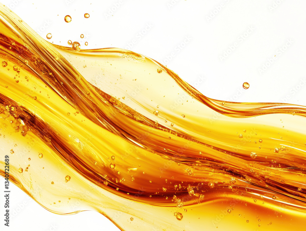 Poster golden liquid flows smoothly creating abstract shapes and bubbles