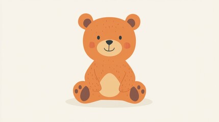 Cute Brown Cartoon Bear Sitting on Beige Background