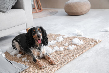 Naughty cocker spaniel with filling from torn pillow lying on rug in messy living room