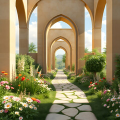 Fototapeta premium Anime style painting of a garden gate opening to a secret garden, flowers in bloom, on a white background. Enchanted Garden art illustration design