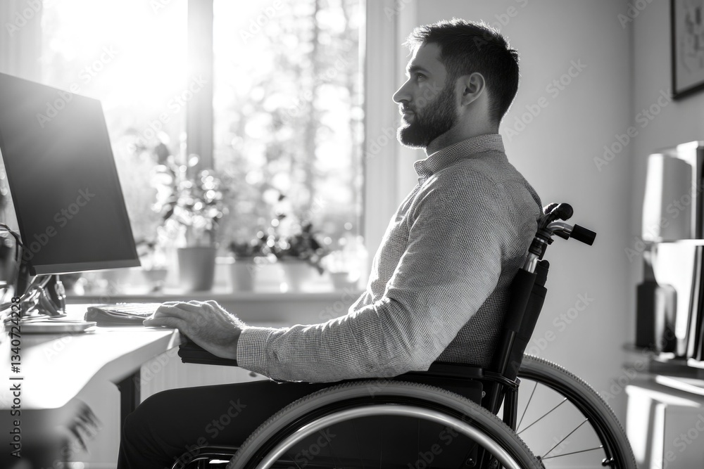 Poster a person with disability uses computer while sitting in a wheelchair, useful for representations of 