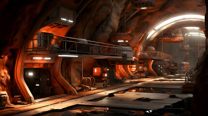 Fototapeta premium Imaginative sci-fi scene depicting a futuristic habitat with unique structures and designs in a rocky terrain environment.