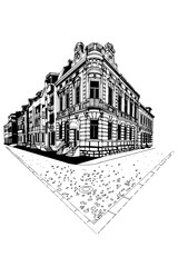 vector sketch of street scene in Ivano-Frankivsk, Ukraine.