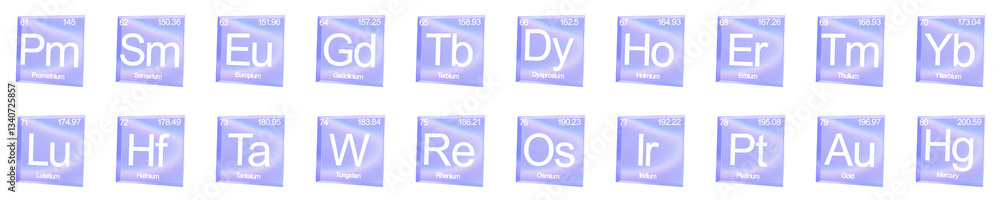 Poster set of 3d chemical elements from 61 to 80 shapes with aberration effect isolated on a transparent ba