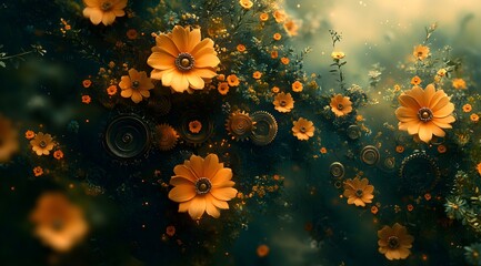 Abstract Global Economy with Interconnected Gears and Nature Elements Symbolizing Balance – Generative AI