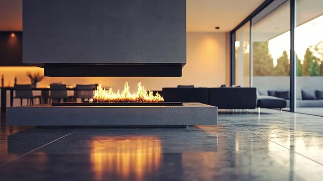 A fireplace with a fire burning in it is in a living room