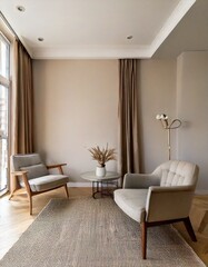 A minimalist living room with smooth off-white walls, taupe decor, and a light gray accent chair