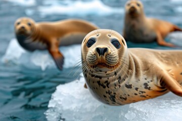 Fototapeta premium Three inquisitive seals resting on an ice floe, showcasing their charming expressions and sleek fur in a serene Arctic setting.